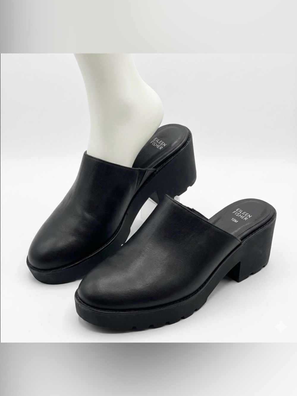 Eileen Fisher Hip Black Leather Platform Mules Size 10M Slip-On Clogs